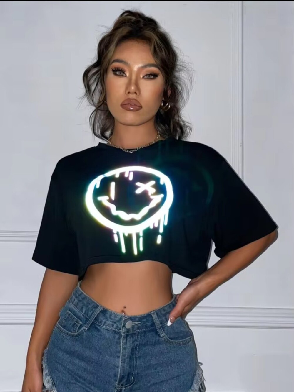 SHEIN Black Cropped Tee with Iridescent Drip Smiley
